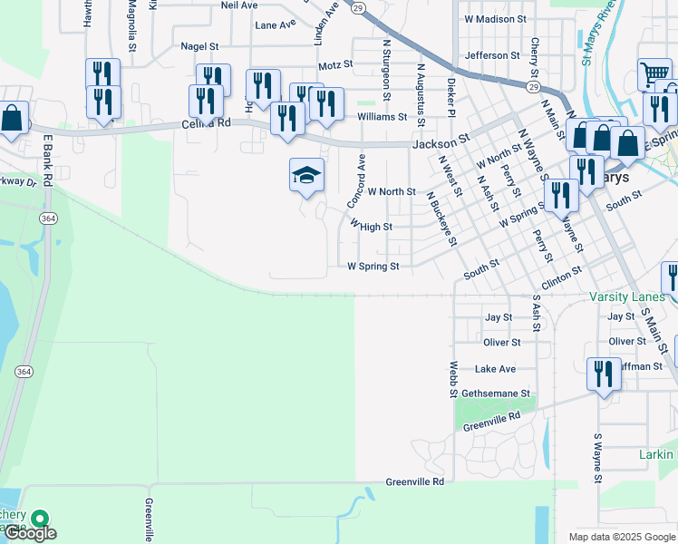 map of restaurants, bars, coffee shops, grocery stores, and more near 1117 West Spring Street in Saint Marys