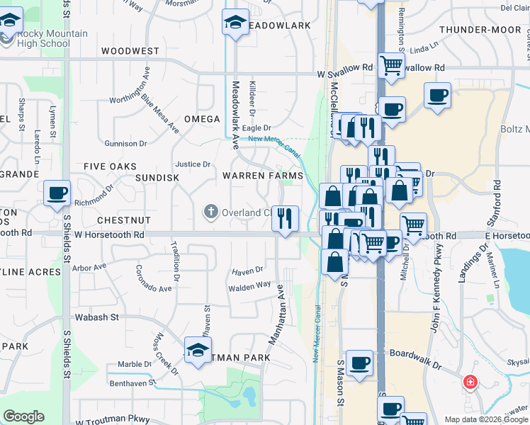 map of restaurants, bars, coffee shops, grocery stores, and more near 421 Riva Ridge Drive in Fort Collins