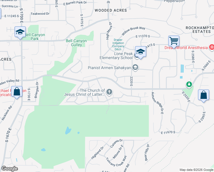 map of restaurants, bars, coffee shops, grocery stores, and more near 2082 Wasatch Blvd in Sandy