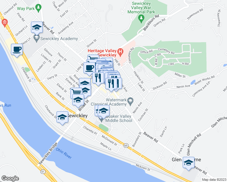 map of restaurants, bars, coffee shops, grocery stores, and more near 551 Beaver Street in Sewickley