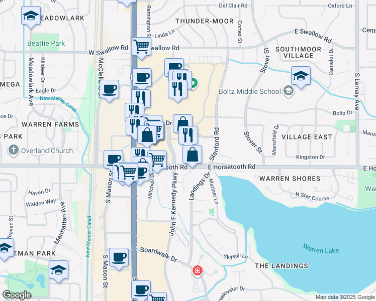 map of restaurants, bars, coffee shops, grocery stores, and more near 350 East Horsetooth Road in Fort Collins