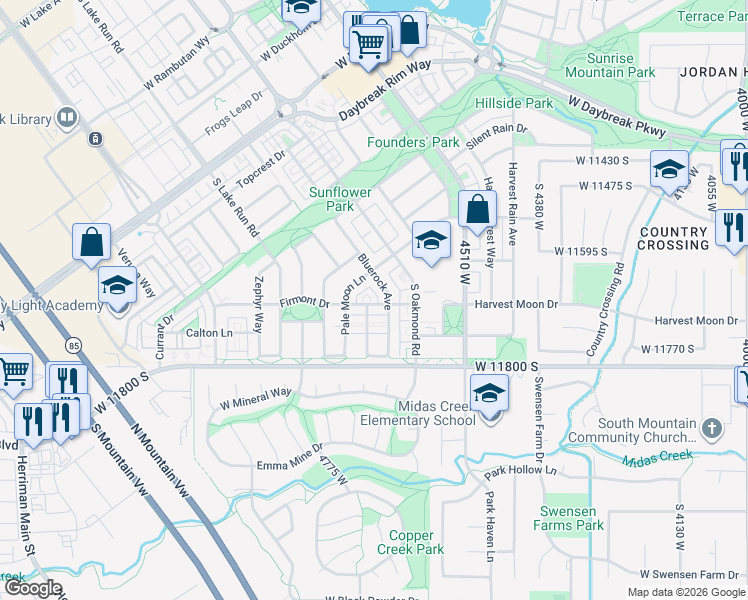 map of restaurants, bars, coffee shops, grocery stores, and more near 4668 Firmont Drive in South Jordan
