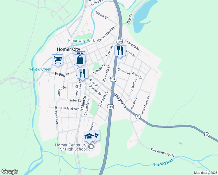 map of restaurants, bars, coffee shops, grocery stores, and more near 118 Ridge Avenue in Homer City