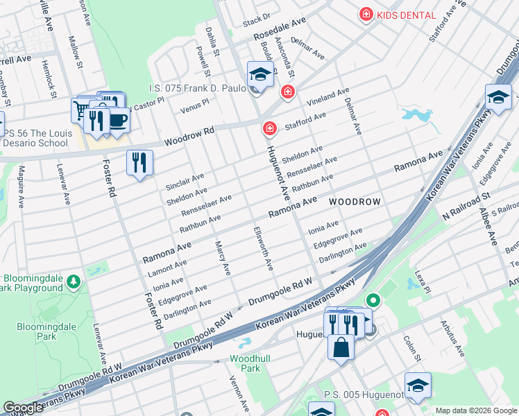 map of restaurants, bars, coffee shops, grocery stores, and more near 662 Rathbun Avenue in Staten Island