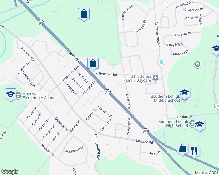 map of restaurants, bars, coffee shops, grocery stores, and more near 5003 Route 309 in Center Valley