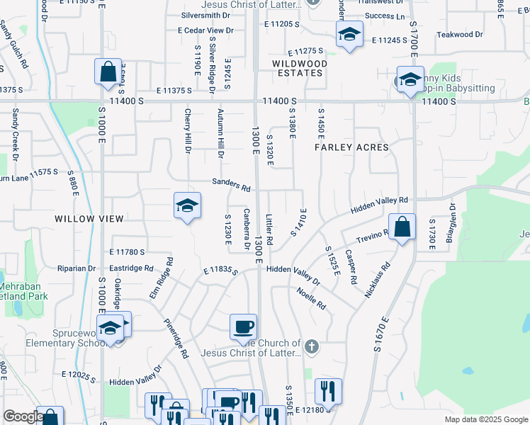 map of restaurants, bars, coffee shops, grocery stores, and more near 11683 Canberra Drive in Sandy