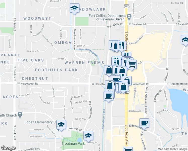 map of restaurants, bars, coffee shops, grocery stores, and more near 339 Riva Ridge Drive in Fort Collins
