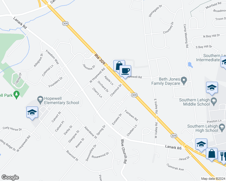 map of restaurants, bars, coffee shops, grocery stores, and more near 4101 Chestnut Drive in Lehigh County