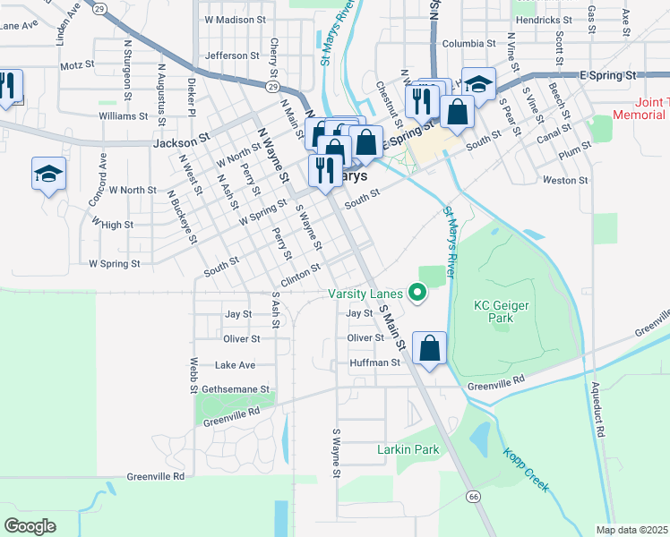 map of restaurants, bars, coffee shops, grocery stores, and more near 302 South Wayne Street in Saint Marys