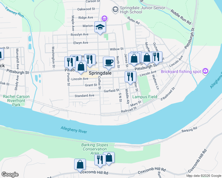 map of restaurants, bars, coffee shops, grocery stores, and more near 651 Garfield Street in Springdale