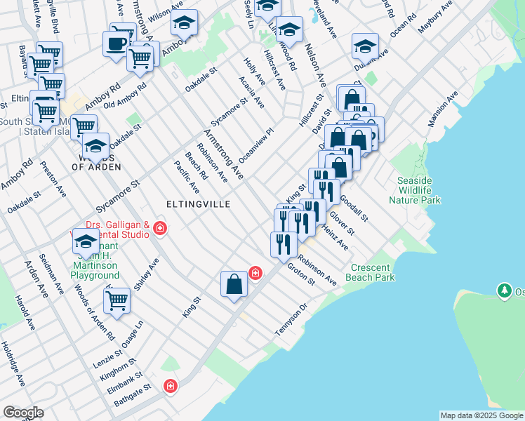 map of restaurants, bars, coffee shops, grocery stores, and more near 214 Armstrong Avenue in Staten Island