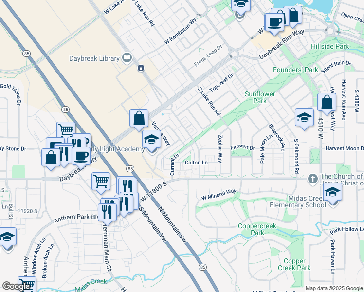 map of restaurants, bars, coffee shops, grocery stores, and more near 5018 Currant Drive in South Jordan
