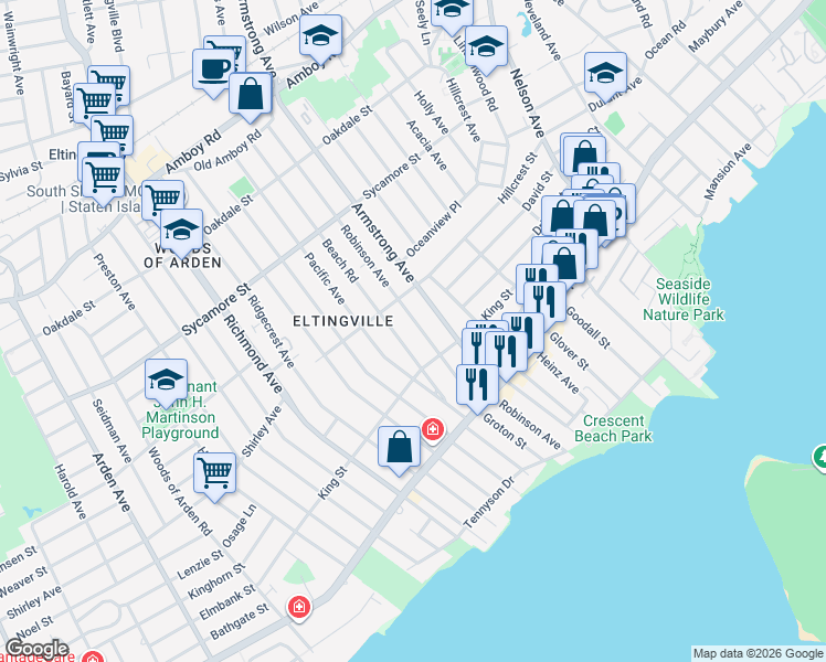 map of restaurants, bars, coffee shops, grocery stores, and more near 219 Beach Road in Staten Island