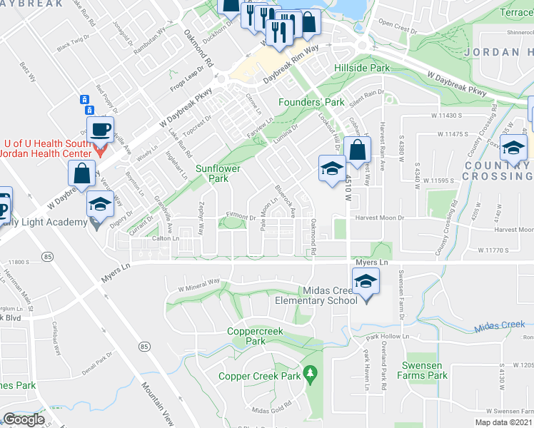 map of restaurants, bars, coffee shops, grocery stores, and more near 11677 Pale Moon Lane in South Jordan