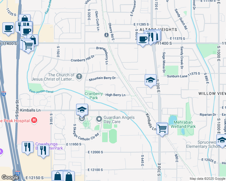 map of restaurants, bars, coffee shops, grocery stores, and more near 11686 Mapleberry Court in Draper