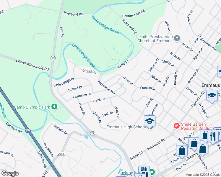 map of restaurants, bars, coffee shops, grocery stores, and more near 750 Lawrence Drive in Emmaus