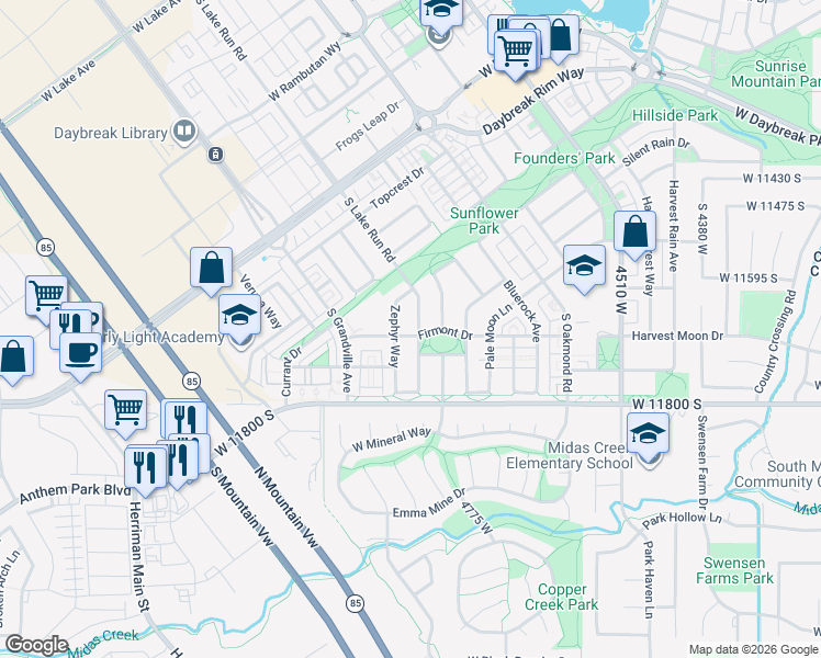 map of restaurants, bars, coffee shops, grocery stores, and more near 11676 Lake Run Road in South Jordan
