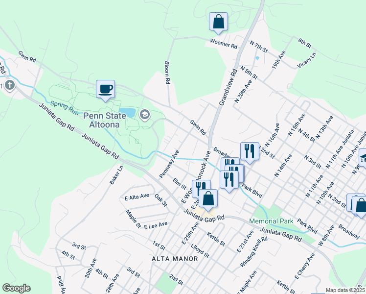map of restaurants, bars, coffee shops, grocery stores, and more near 519 East Penn Avenue in Altoona