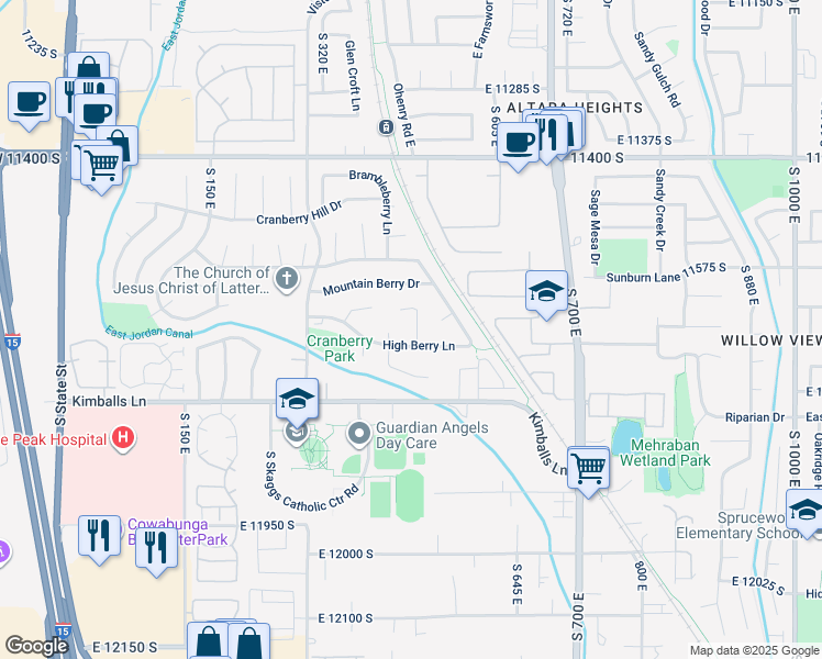map of restaurants, bars, coffee shops, grocery stores, and more near 11686 Mapleberry Court in Draper