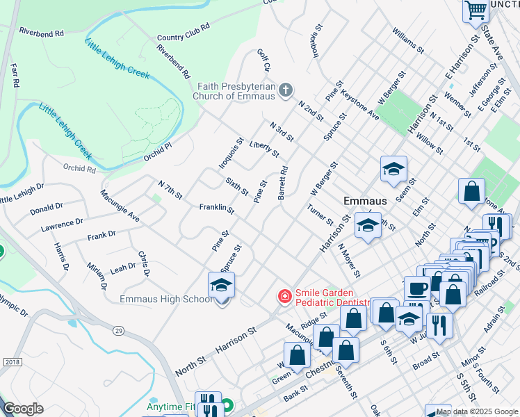 map of restaurants, bars, coffee shops, grocery stores, and more near 606 Pine Street in Emmaus