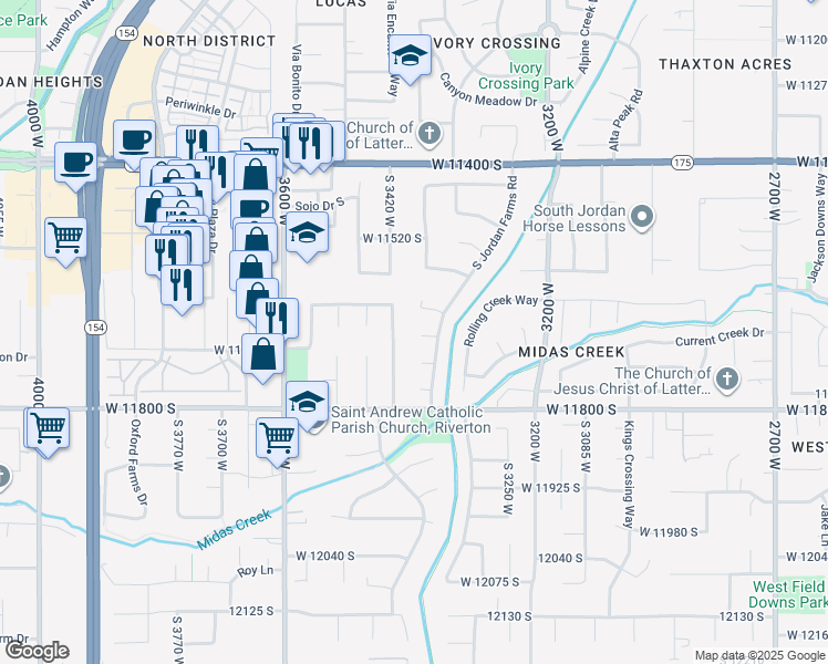 map of restaurants, bars, coffee shops, grocery stores, and more near 3376 Water Crescent Place in South Jordan