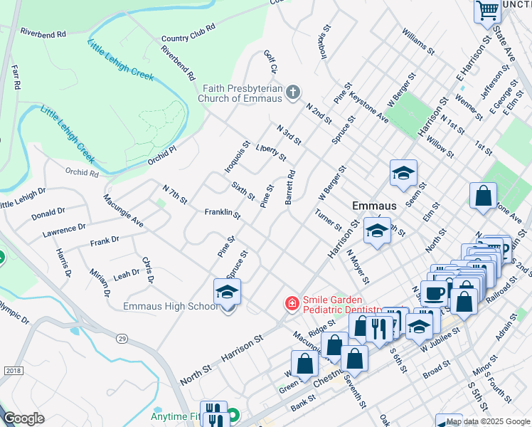 map of restaurants, bars, coffee shops, grocery stores, and more near 606 Pine Street in Emmaus