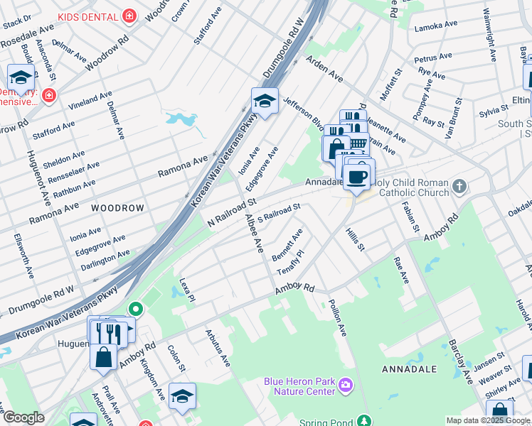 map of restaurants, bars, coffee shops, grocery stores, and more near 145 South Railroad Street in Staten Island