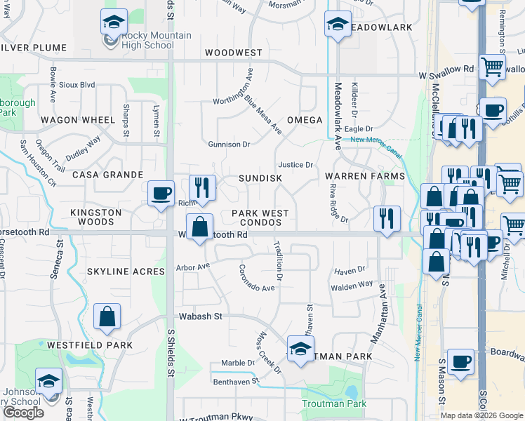 map of restaurants, bars, coffee shops, grocery stores, and more near 3555 Tradition Drive in Fort Collins