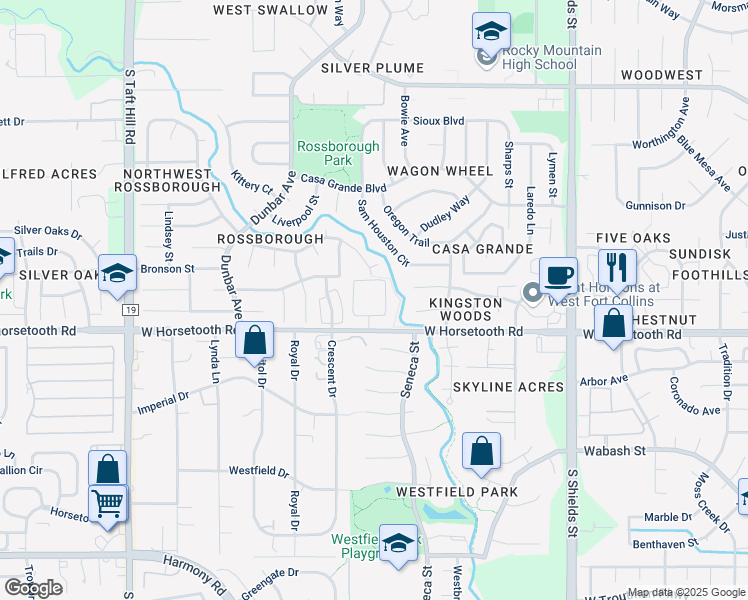 map of restaurants, bars, coffee shops, grocery stores, and more near 1550 County Road 40 in Fort Collins