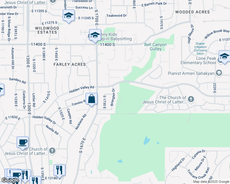 map of restaurants, bars, coffee shops, grocery stores, and more near 11702 Briarglen Lane East in Sandy