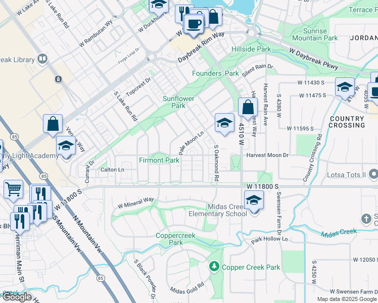 map of restaurants, bars, coffee shops, grocery stores, and more near 11677 Pale Moon Lane in South Jordan