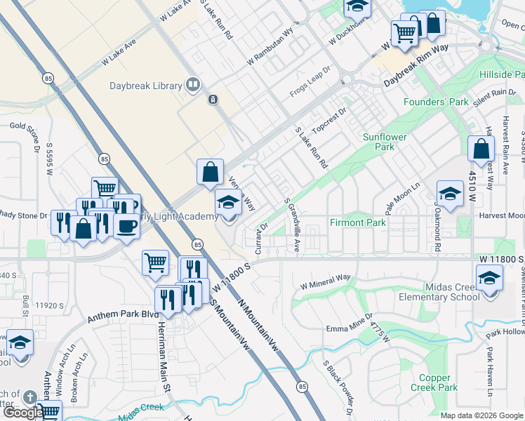 map of restaurants, bars, coffee shops, grocery stores, and more near 5032 Currant Drive in South Jordan