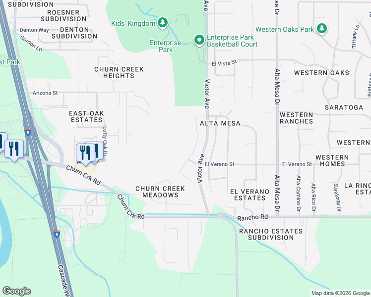 map of restaurants, bars, coffee shops, grocery stores, and more near 4688 Columbine Drive in Redding
