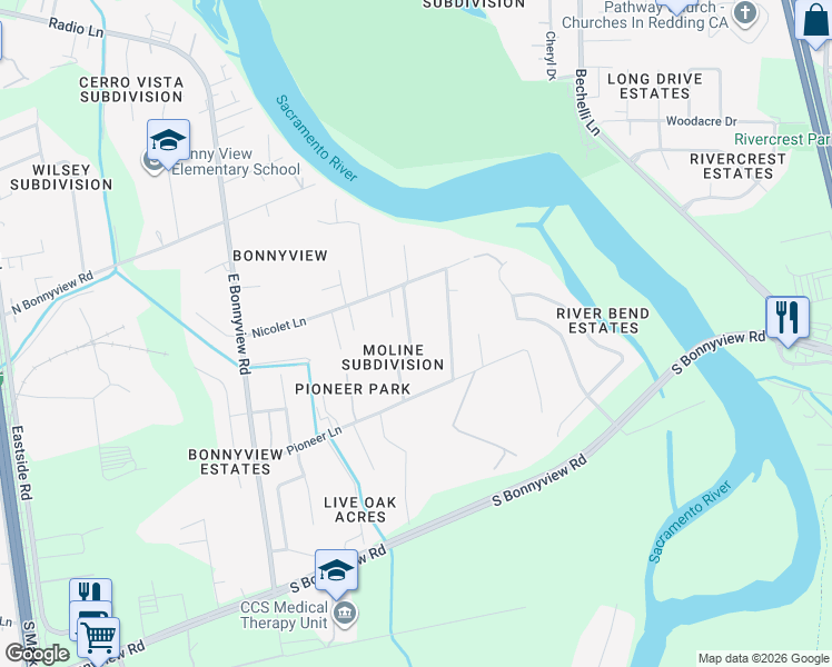 map of restaurants, bars, coffee shops, grocery stores, and more near 5451 Elm Lane in Redding
