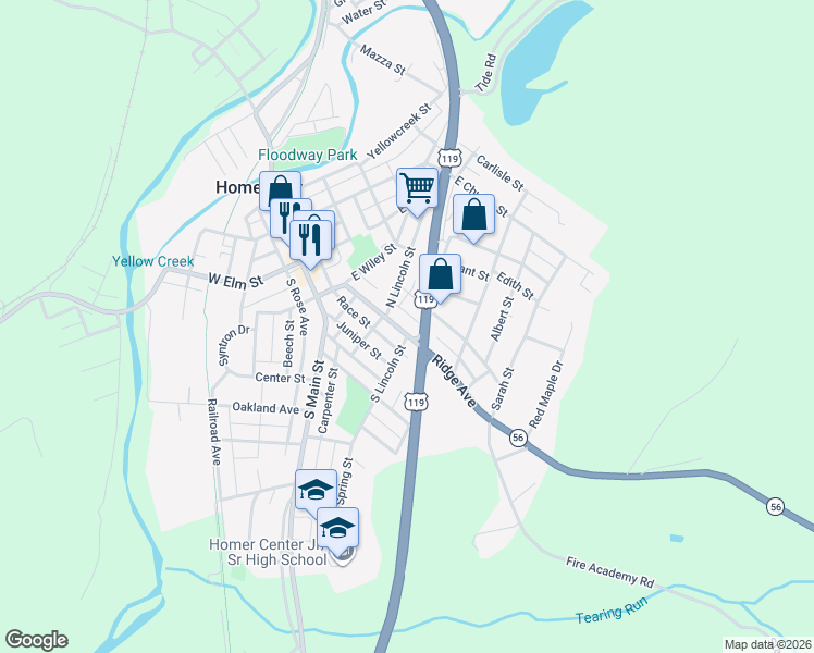 map of restaurants, bars, coffee shops, grocery stores, and more near 118 Ridge Avenue in Homer City