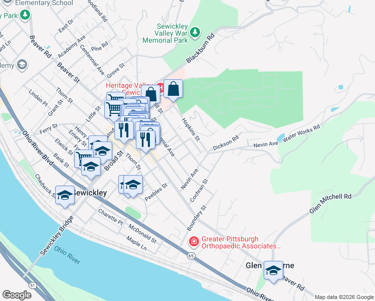map of restaurants, bars, coffee shops, grocery stores, and more near 615 Fountain Street in Sewickley