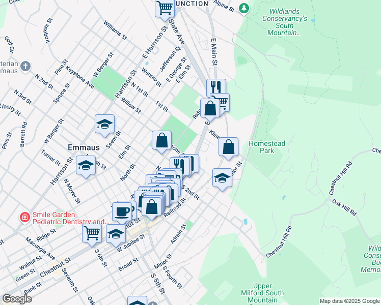 map of restaurants, bars, coffee shops, grocery stores, and more near 139 Main Street in Emmaus