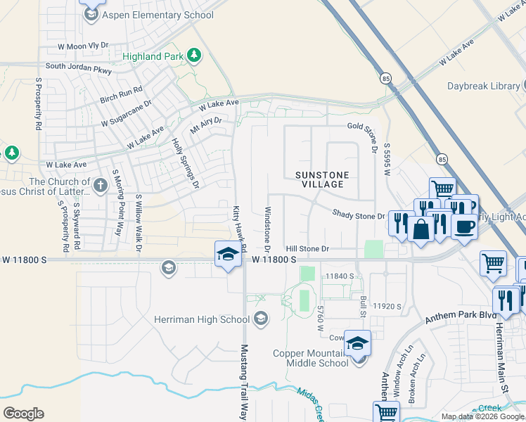 map of restaurants, bars, coffee shops, grocery stores, and more near 5908 Keystone Drive in South Jordan