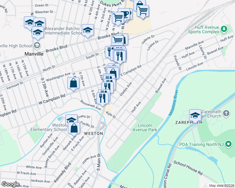 map of restaurants, bars, coffee shops, grocery stores, and more near 25 Gladys Avenue in Manville