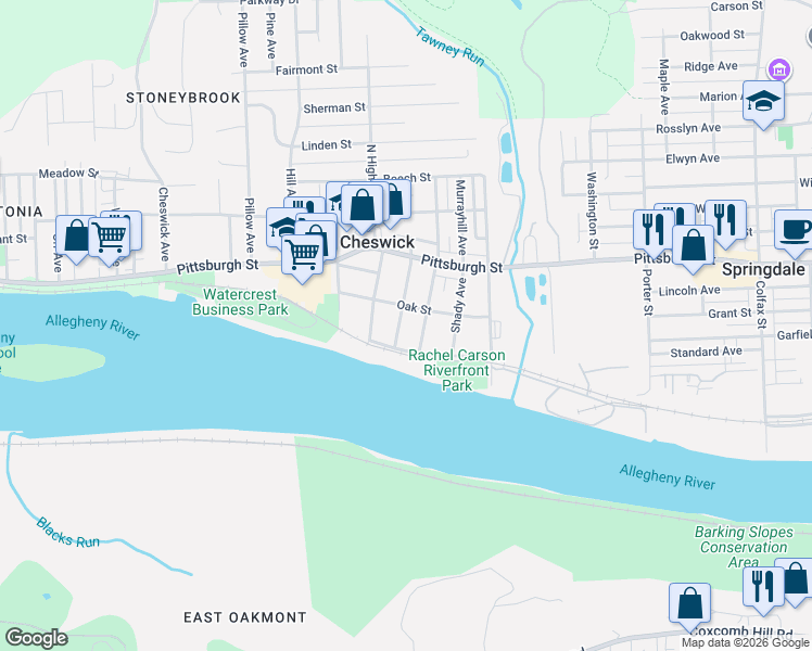 map of restaurants, bars, coffee shops, grocery stores, and more near 212 Allegheny Avenue in Cheswick