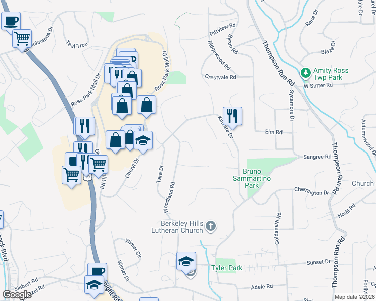 map of restaurants, bars, coffee shops, grocery stores, and more near 107 Sloan Court in Pittsburgh