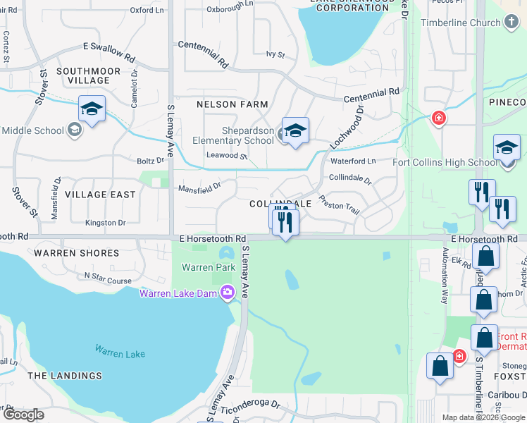 map of restaurants, bars, coffee shops, grocery stores, and more near 3509 Lochwood Drive in Fort Collins