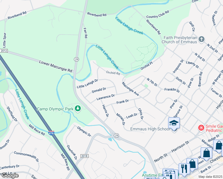 map of restaurants, bars, coffee shops, grocery stores, and more near 901 Lawrence Drive in Emmaus