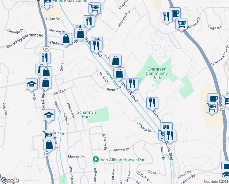 map of restaurants, bars, coffee shops, grocery stores, and more near 436 Bernice Street in Pittsburgh