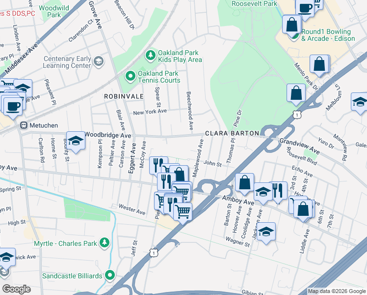 map of restaurants, bars, coffee shops, grocery stores, and more near in Metuchen