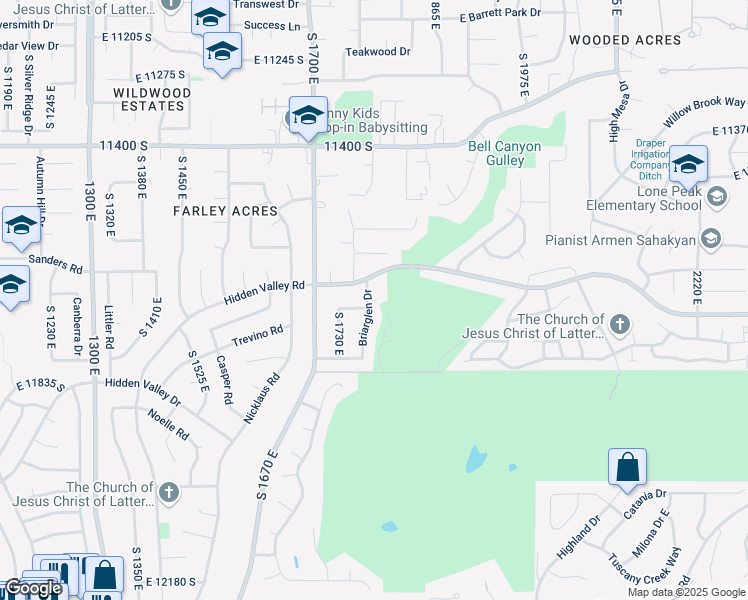 map of restaurants, bars, coffee shops, grocery stores, and more near 11702 Briarglen Lane East in Sandy