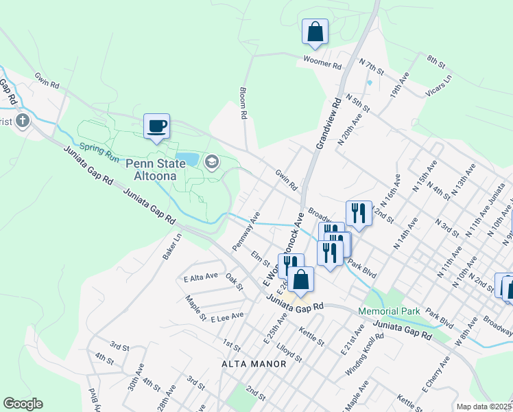 map of restaurants, bars, coffee shops, grocery stores, and more near 509 East Park Avenue in Altoona