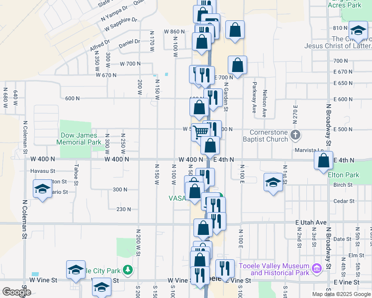 map of restaurants, bars, coffee shops, grocery stores, and more near 421 North 50 West in Tooele