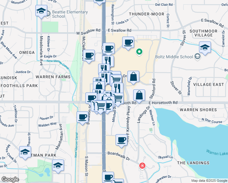 map of restaurants, bars, coffee shops, grocery stores, and more near 3500 South College Avenue in Fort Collins