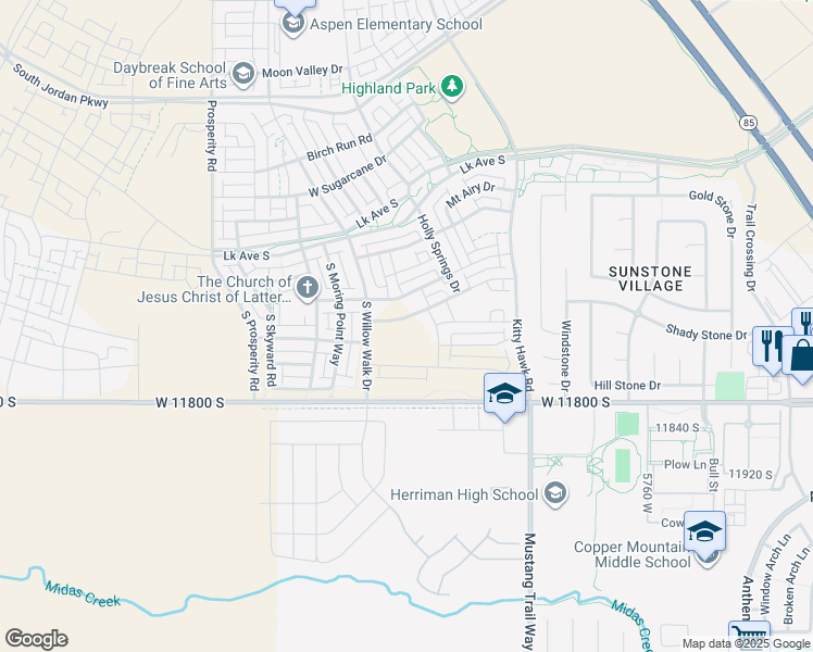 map of restaurants, bars, coffee shops, grocery stores, and more near 6173 West Sparrow View Drive in South Jordan